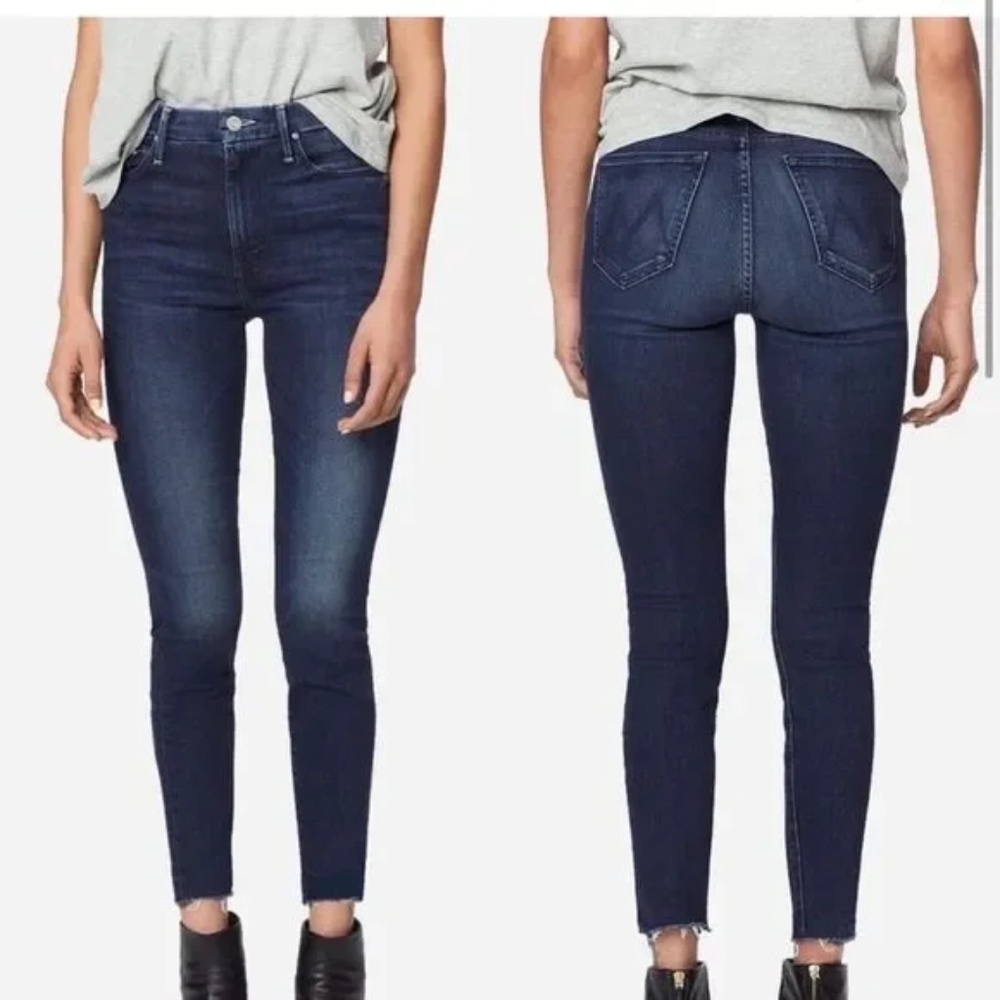 MOTHER High Waist Looker Ankle Fray Jeans Size 28 Dark Wash
